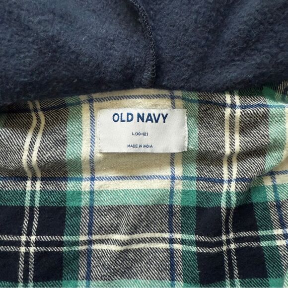 Plaid Flannel Button Down Hooded Shirt  Navy Teal White Large - Picture 4 of 8